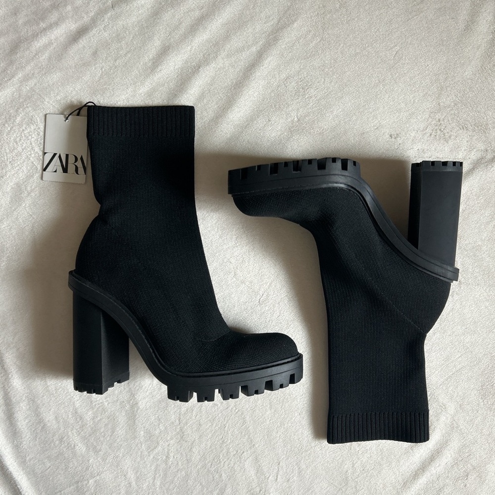 Zara Shoes Black Sock Style High Heel Boots